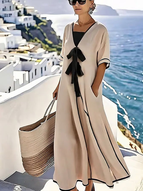 Victoria™ | Contrast Tie Maxi Dress for Timeless Coastal Elegance